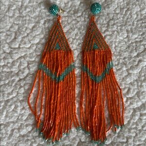 Beaded Fringe Drop Earrings in Orange and Green